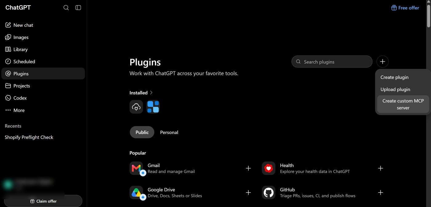 ChatGPT Plugins page with the plus menu open and Create custom MCP server highlighted