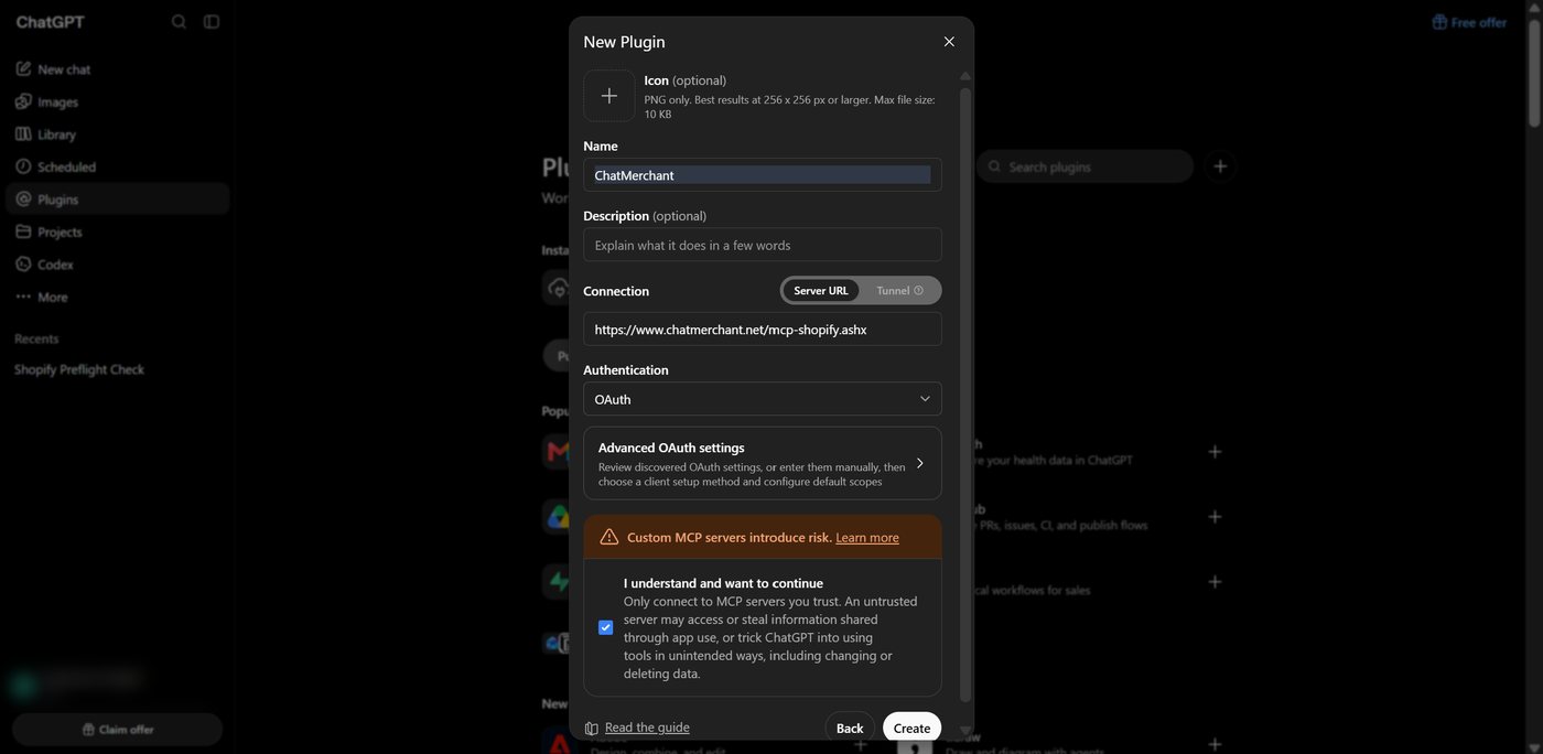 ChatGPT New Plugin form filled in with the ChatMerchant name, server address and OAuth