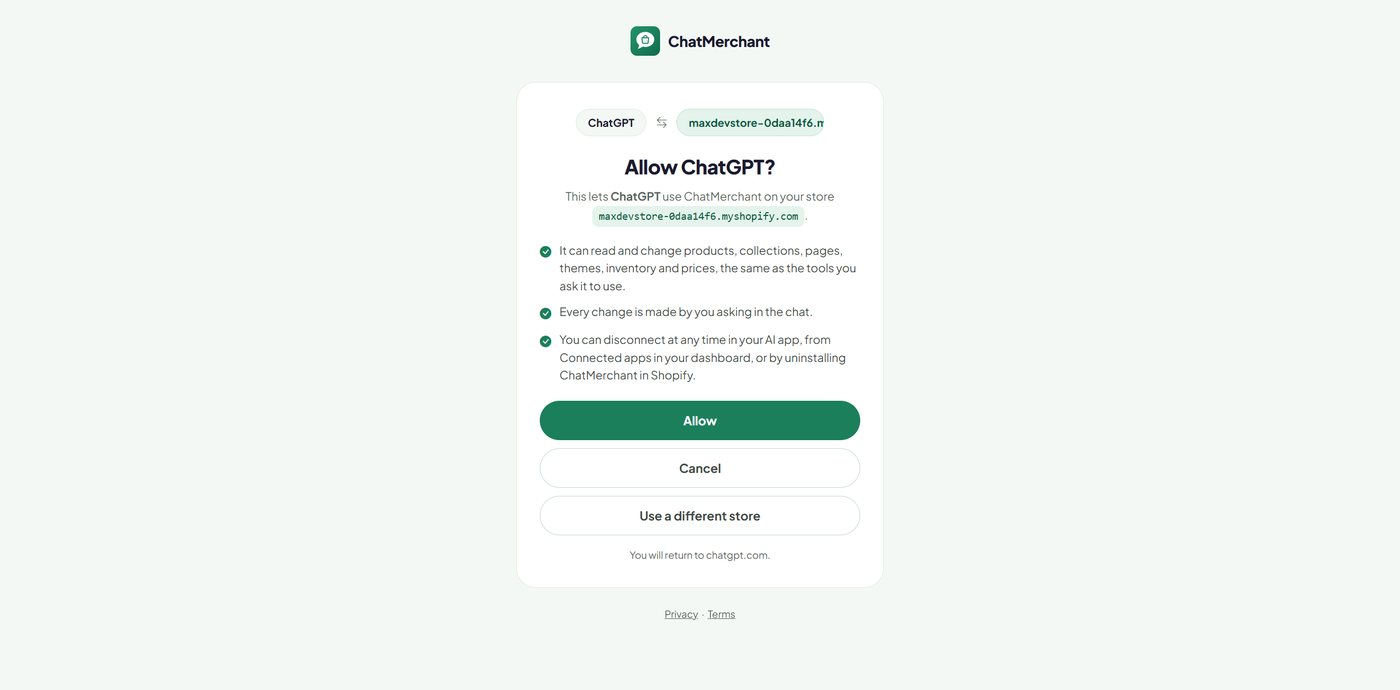 ChatMerchant page asking whether to allow ChatGPT to use ChatMerchant on your store