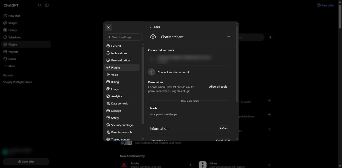 ChatGPT ChatMerchant connector settings with the Refresh button