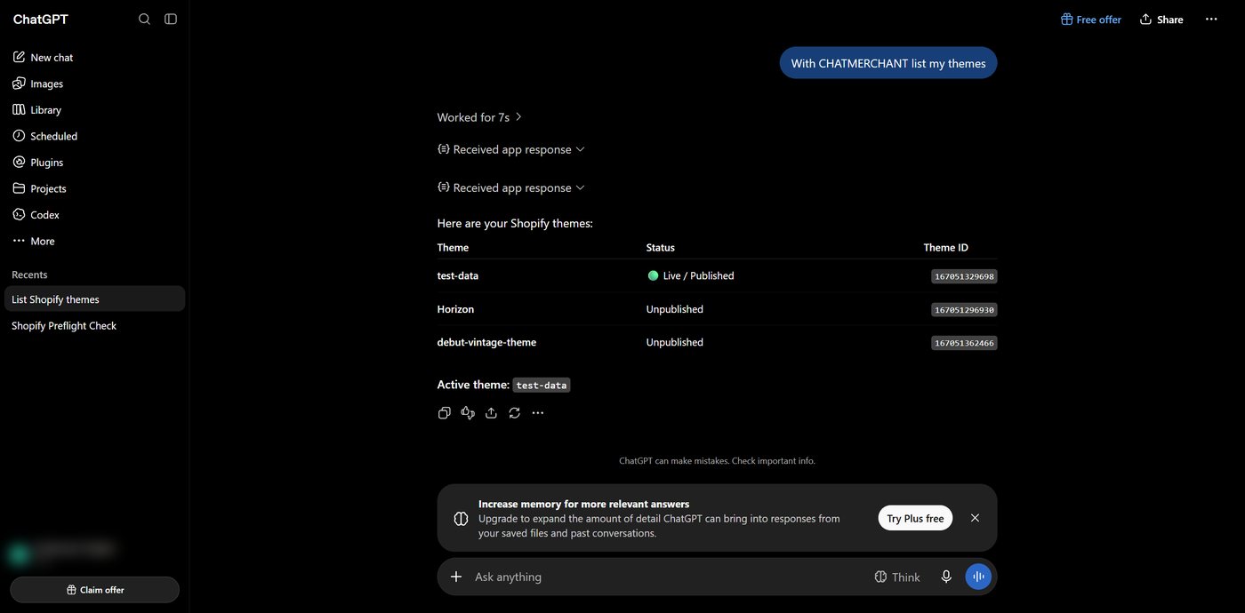 ChatGPT answering a request to list Shopify themes using ChatMerchant